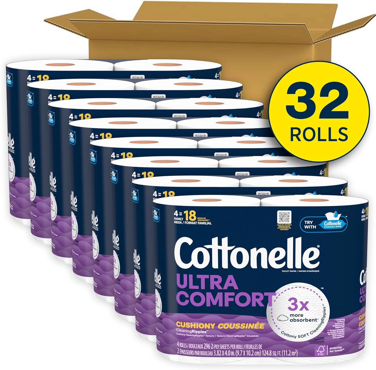 Cottonelle Ultra Comfort Toilet Paper with Cushiony CleaningRipples Texture, Strong Bath Tissue, 24 Family Mega Rolls (24 Family Mega Rolls = 108 Regular Rolls) (4 Packs of 6), 296 Sheets per Roll