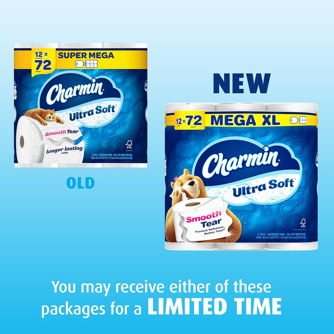 Comparison of old and new Charmin Ultra Soft packaging on a blue background