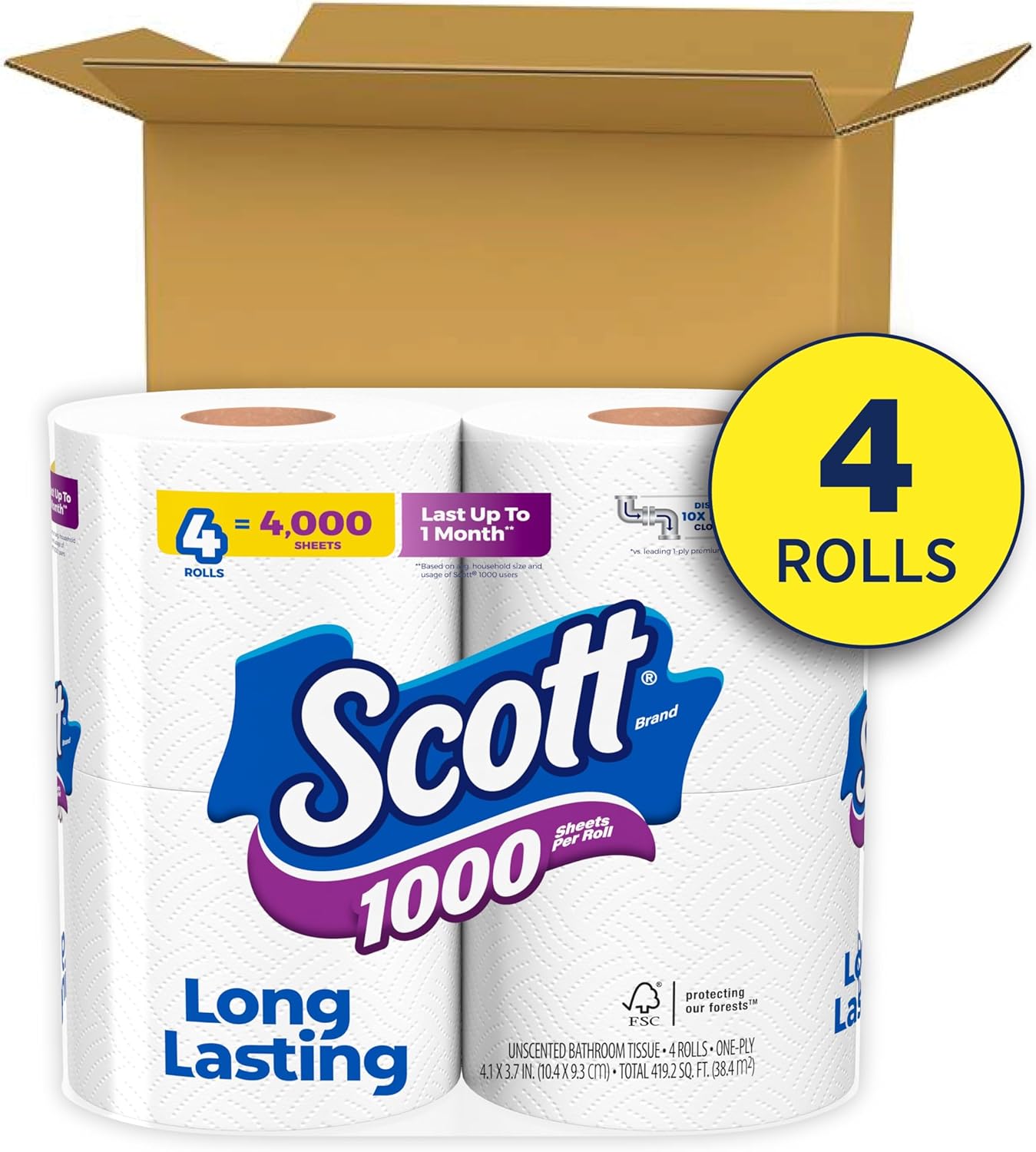 Scott 1000 Sheets Per Roll Toilet Paper, 4 Rolls, Bath Tissue