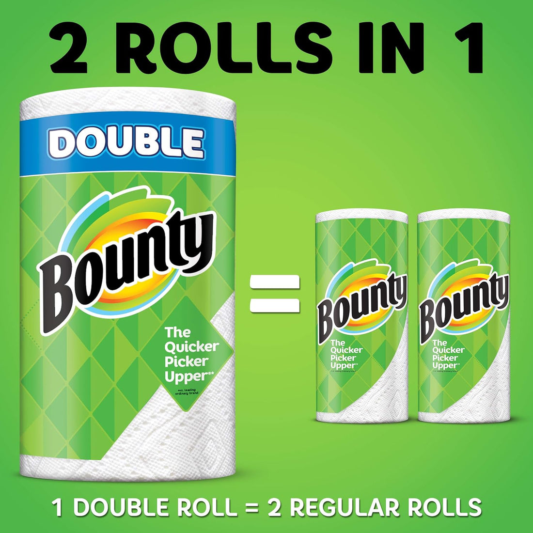 Bounty paper towel packaging with a double roll equivalent to two regular rolls on a green background