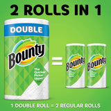 Bounty paper towel packaging with a double roll equivalent to two regular rolls on a green background