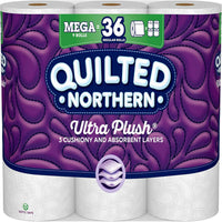 Quilted Northern Ultra Plush toilet paper package with purple design and 'Mega-36' label.