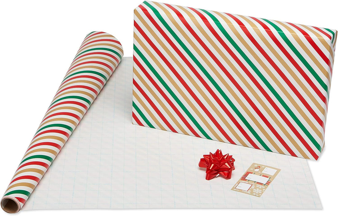 American Greetings Red & Tan Christmas Wrapping Paper Set with Bows & Tags, 4 Rolls (Plaid, Stripes, Snowmen), 120 Sq Ft – view 4