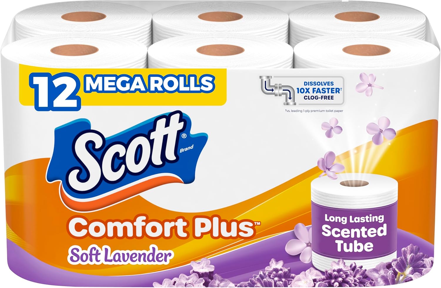 Scott ComfortPlus Toilet Paper with Soft Lavender Scented Tube, 12 Mega Rolls, 310 Sheets per Roll, Septic-Safe, 1-Ply Toilet Tissue
