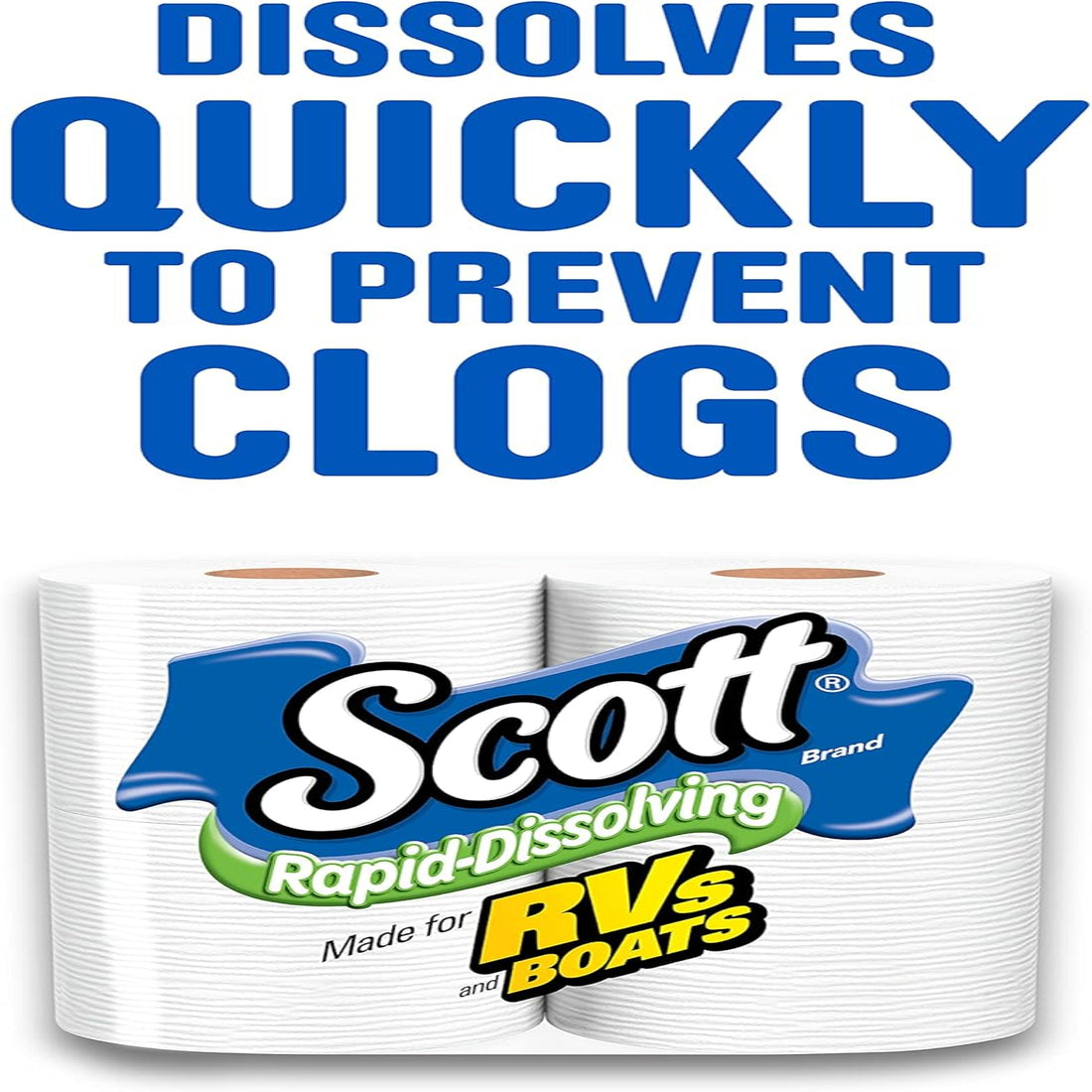 Scott Rapid-Dissolving toilet paper with text highlighting quick dissolution to prevent clogs on a white background.
