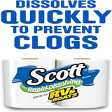 Scott Rapid-Dissolving toilet paper with text highlighting quick dissolution to prevent clogs on a white background.