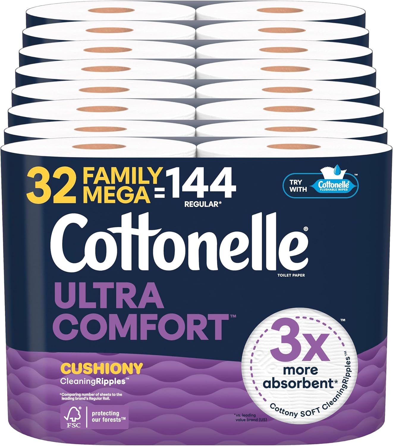 Cottonelle Ultra Comfort Toilet Paper with Cushiony CleaningRipples Texture, Strong Bath Tissue, 24 Family Mega Rolls (24 Family Mega Rolls = 108 Regular Rolls) (4 Packs of 6), 296 Sheets per Roll