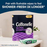 Cottonelle Ultra Comfort 3x packaging on a bathroom shelf with text about flushable wipes.