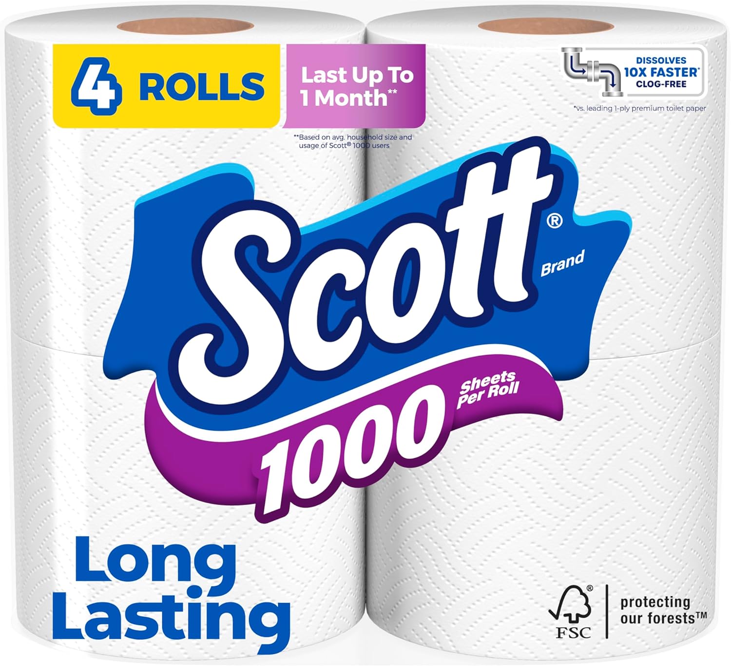 Scott 1000 Sheets Per Roll Toilet Paper, 4 Rolls, Bath Tissue