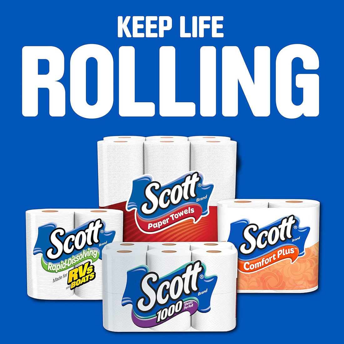 Scott paper towels with various packages on a blue background and 'Keep Life Rolling' text.
