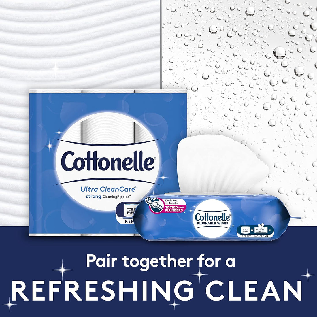 Cottonelle Ultra CleanCare packaging with a close-up of wipes on a water droplet background.