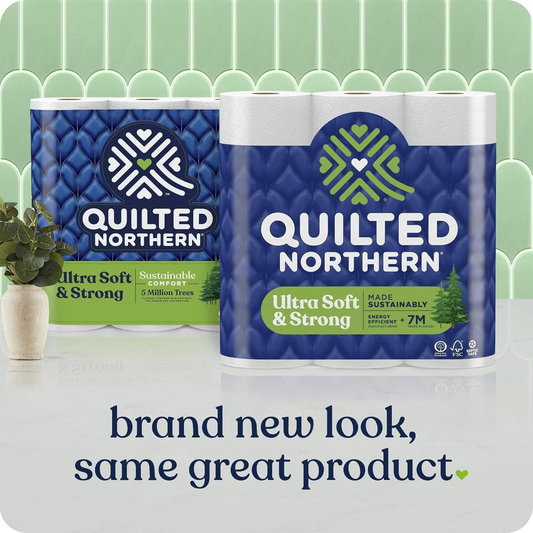 Two packages of Quilted Northern toilet paper with a green background