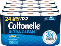 Cottonelle Ultra Clean Toilet Paper with Active CleaningRipples Texture, Strong Bath Tissue, 24 Family Mega Rolls = 132 Regular Rolls (4 Packs of 6)