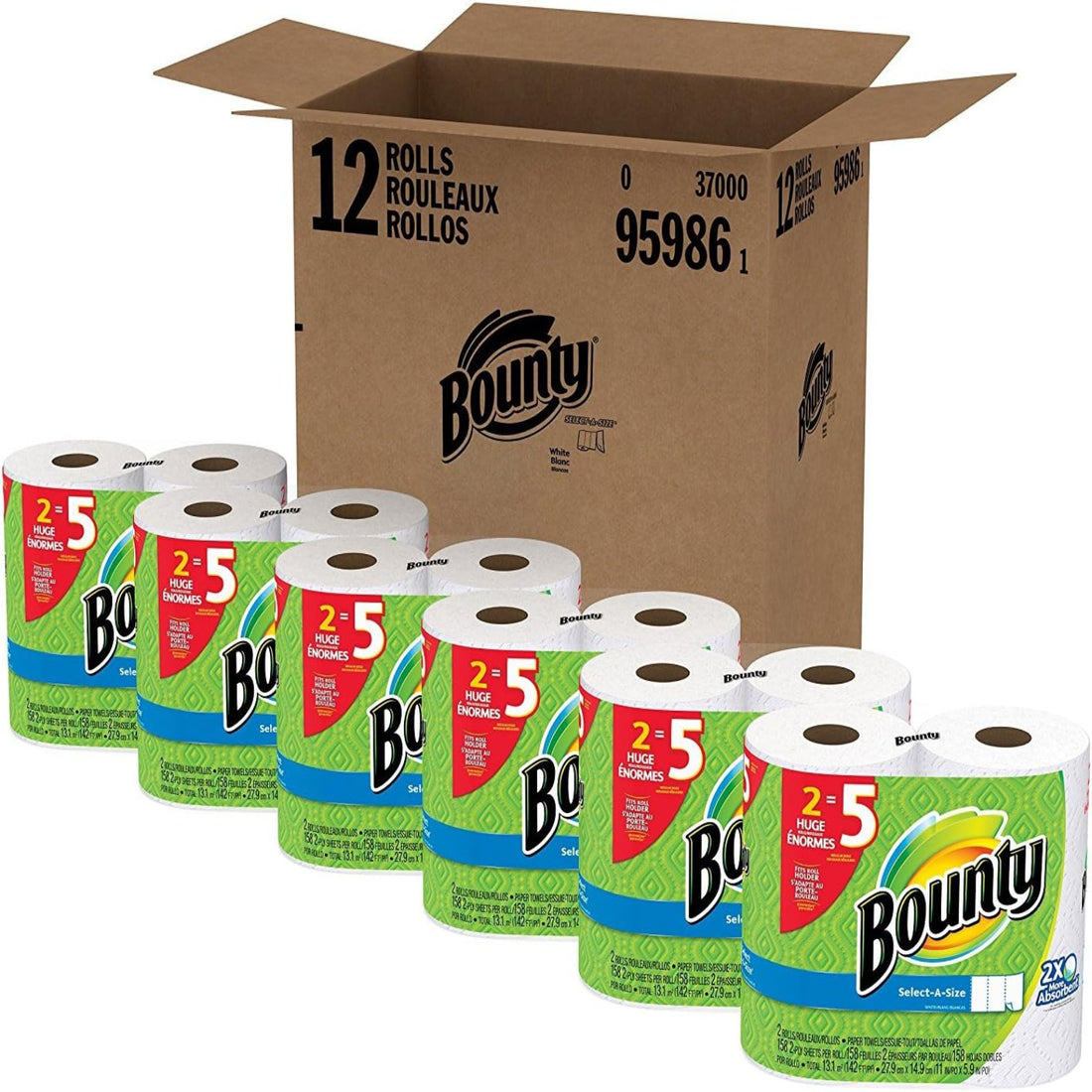 Box of Bounty paper towels with multiple rolls in front
