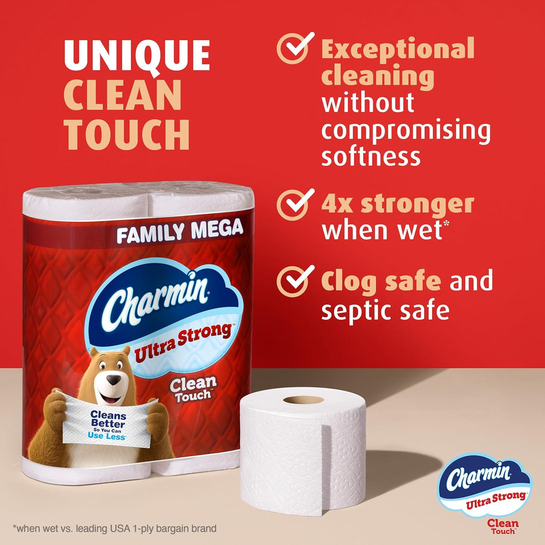 Charmin Ultra Strong toilet paper family mega pack with product features on a red background