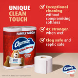Charmin Ultra Strong toilet paper family mega pack with product features on a red background