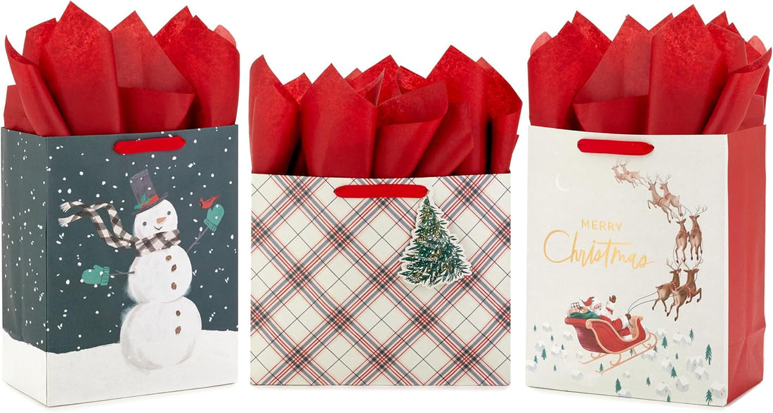 Hallmark Large Christmas Gift Bags with Tissue Paper, 3-Pack (Santa, Snowman, Plaid)