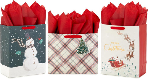 Hallmark Large Christmas Gift Bags with Tissue Paper, 3-Pack (Santa, Snowman, Plaid)