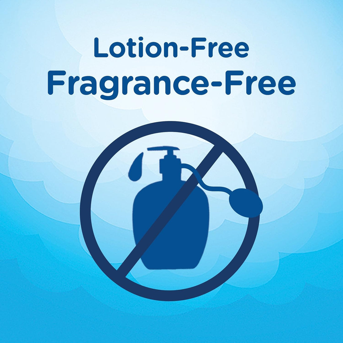 Lotion-Free Fragrance-Free label with a blue background and icon of a bottle with a prohibition symbol.