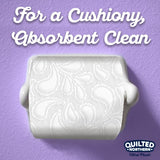 Roll of Quilted Northern Ultra Plush toilet paper on a purple background with text.
