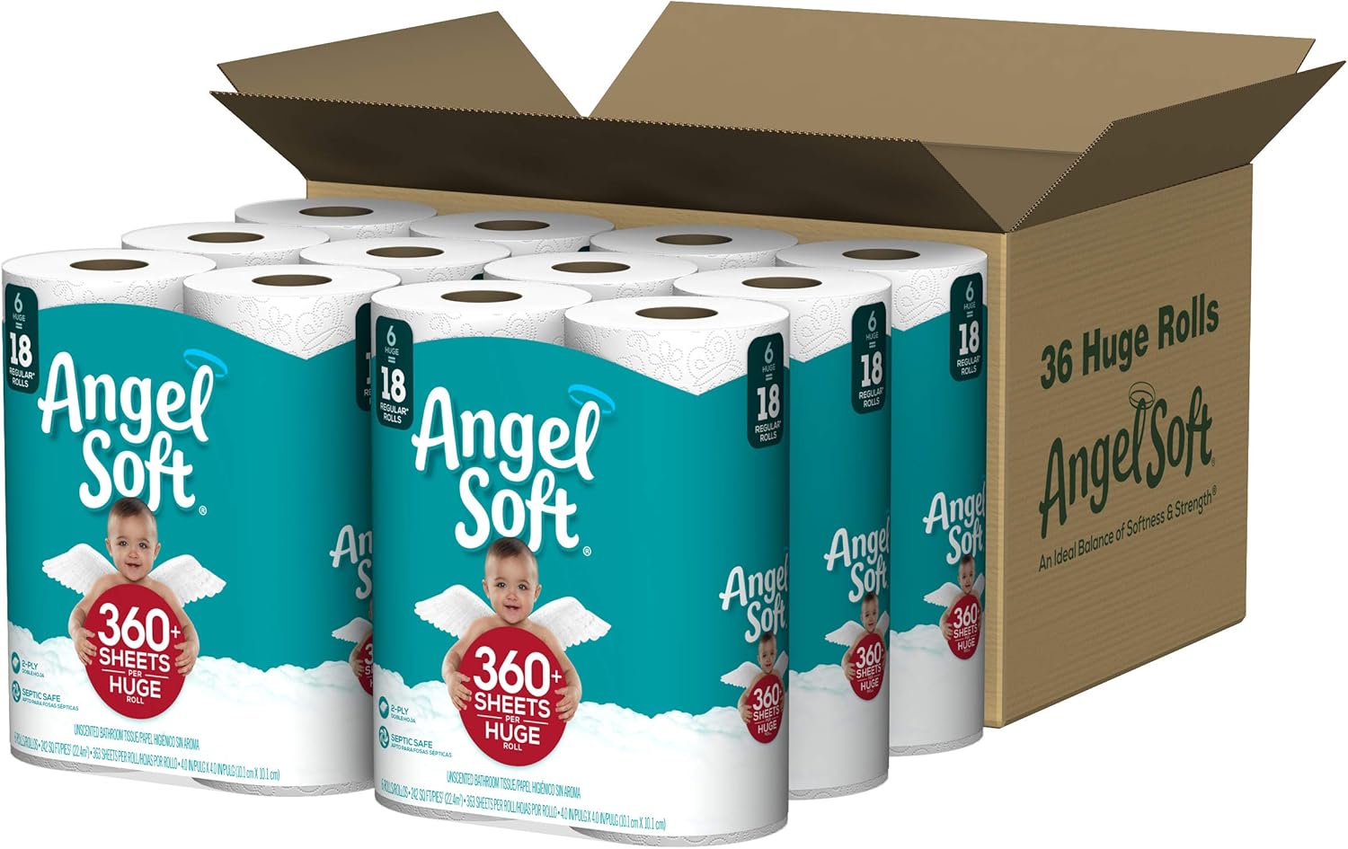 ANGEL SOFT Toilet Paper Bath Tissue, 36 Huge Rolls, 360+ 2-Ply Sheets Per Roll