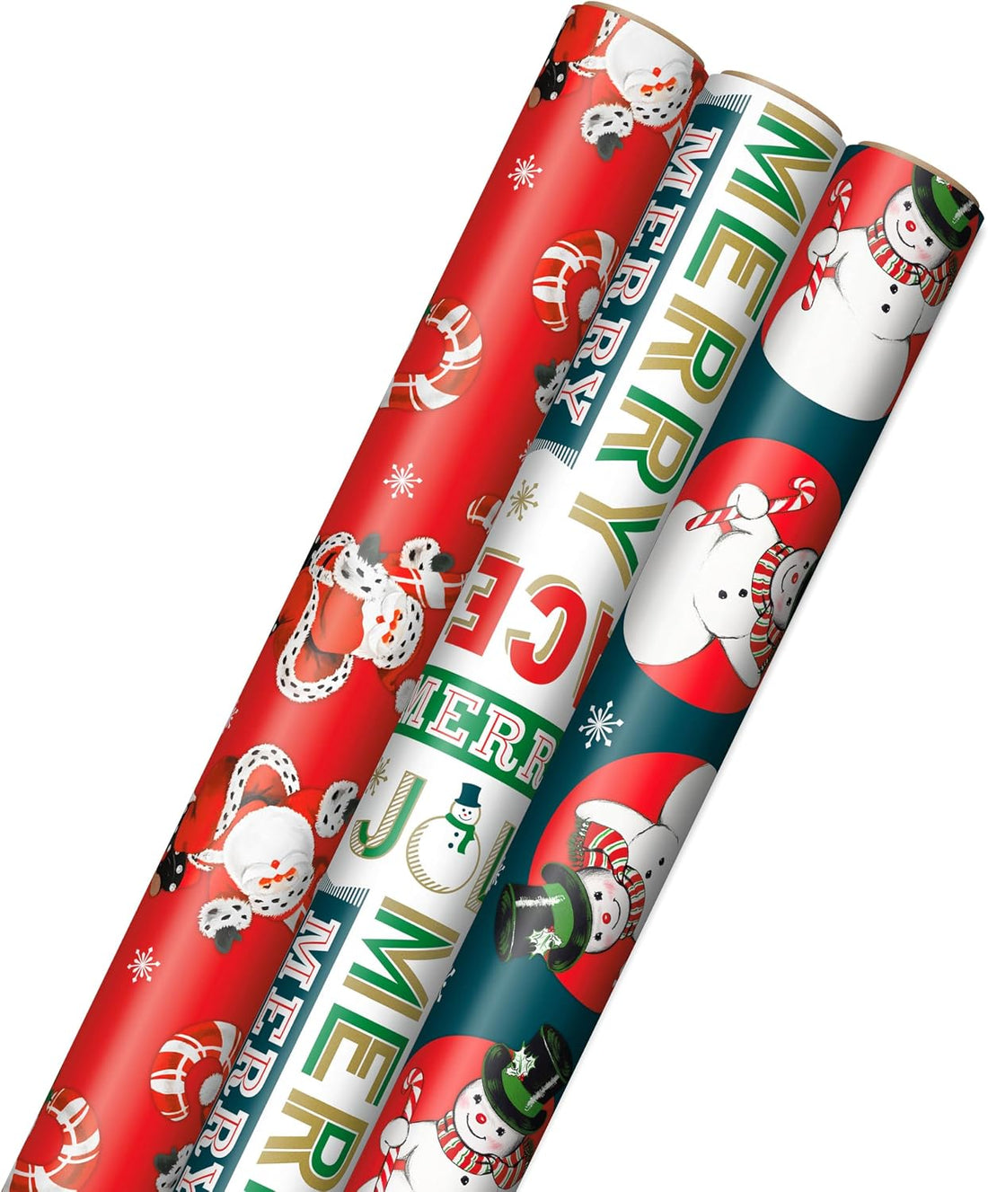 Hallmark Vintage Christmas Wrapping Paper with Cut Lines, 3 Rolls (Dancing Santa, Snowman, Holiday Words), 120 Sq Ft