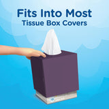 Purple tissue box with a hand reaching for a tissue, set against a blue background with text about fitting into most tissue box covers.