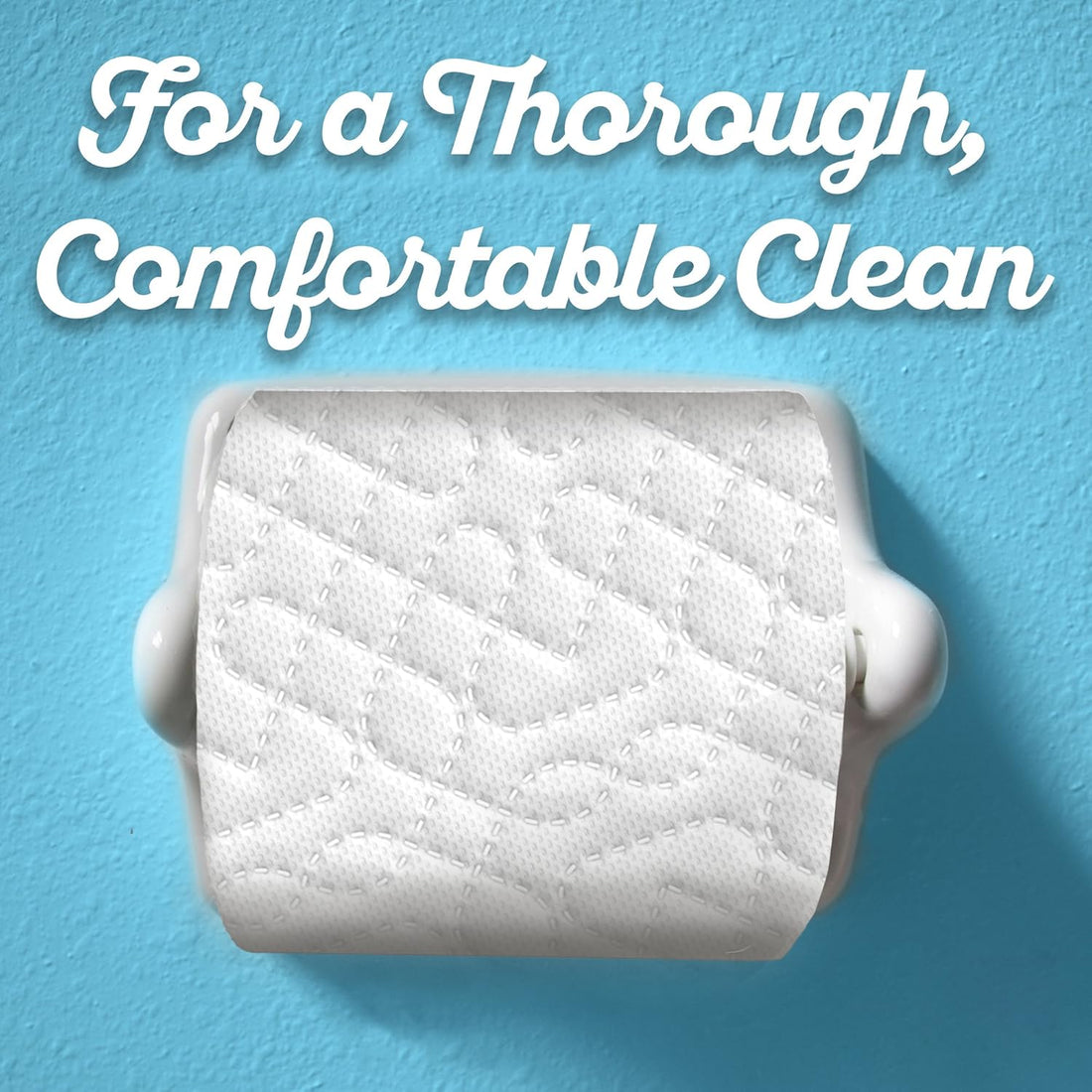 White quilted cleaning pad on a blue background with text 'For a Thorough, Comfortable Clean'.