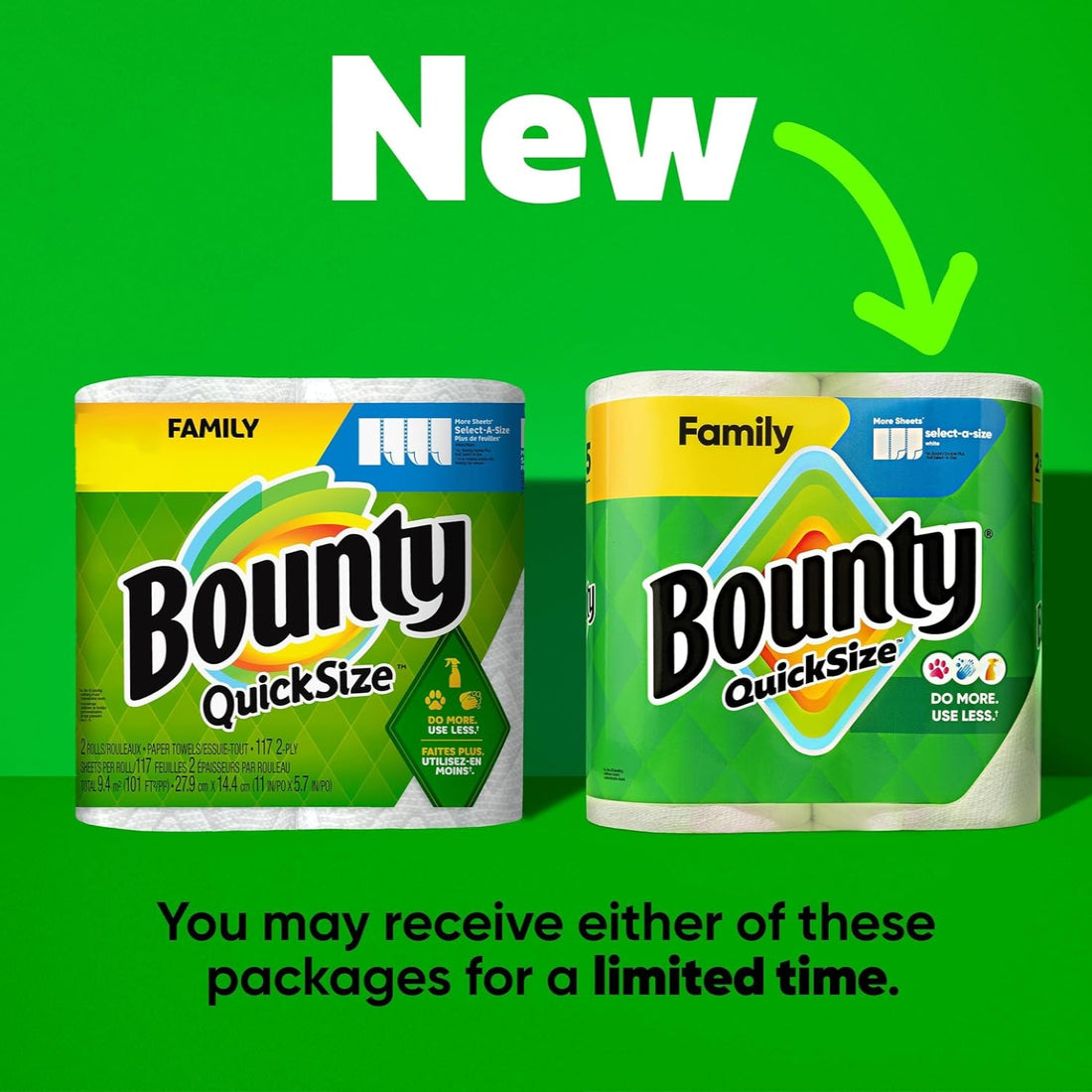 Two Bounty QuickSize paper towels packages on a green background with 'New' text.
