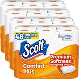 Multiple packages of Scott Comfort Plus toilet paper with visible branding and product details.