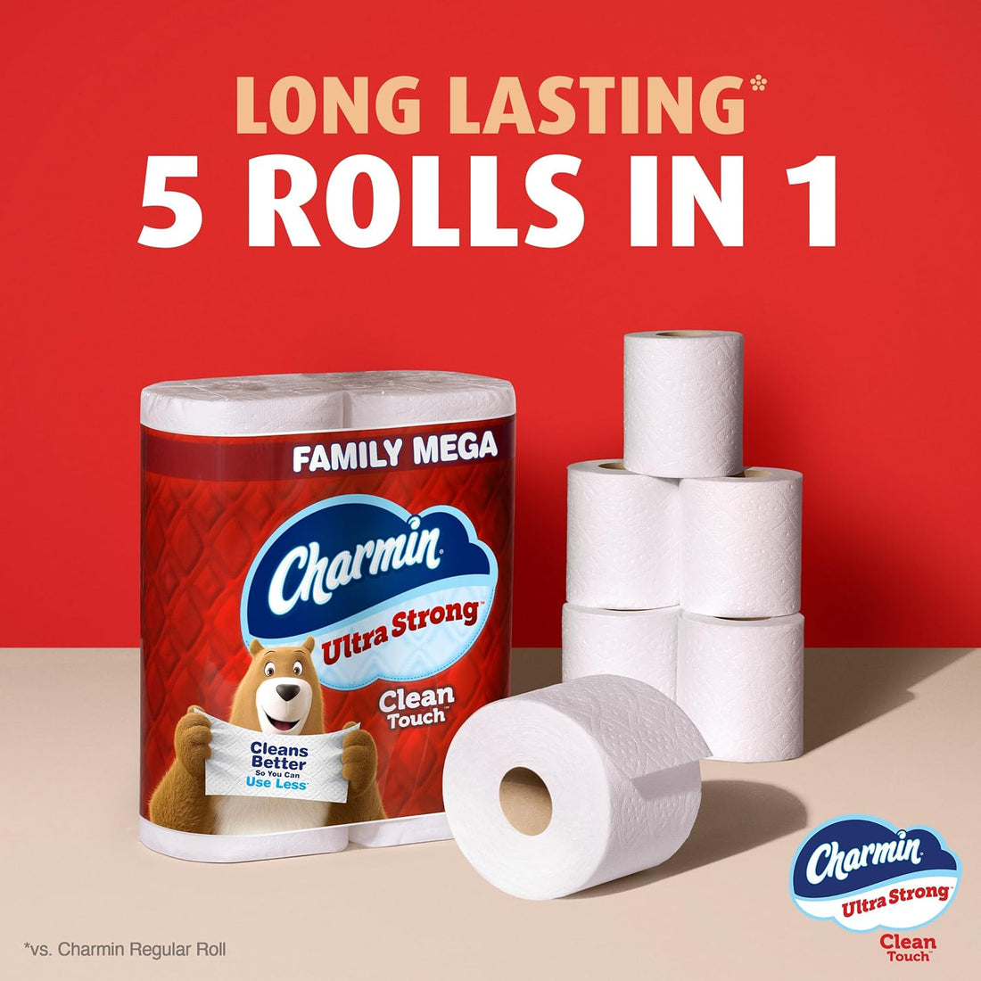 Charmin Ultra Strong toilet paper family mega pack with multiple rolls on a red background