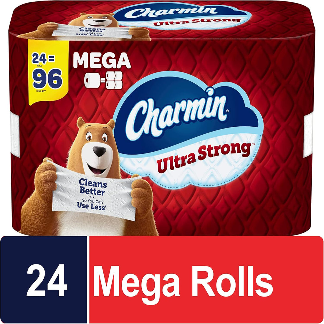 Charmin Ultra Strong toilet paper package with a bear character holding a roll, on a white background.