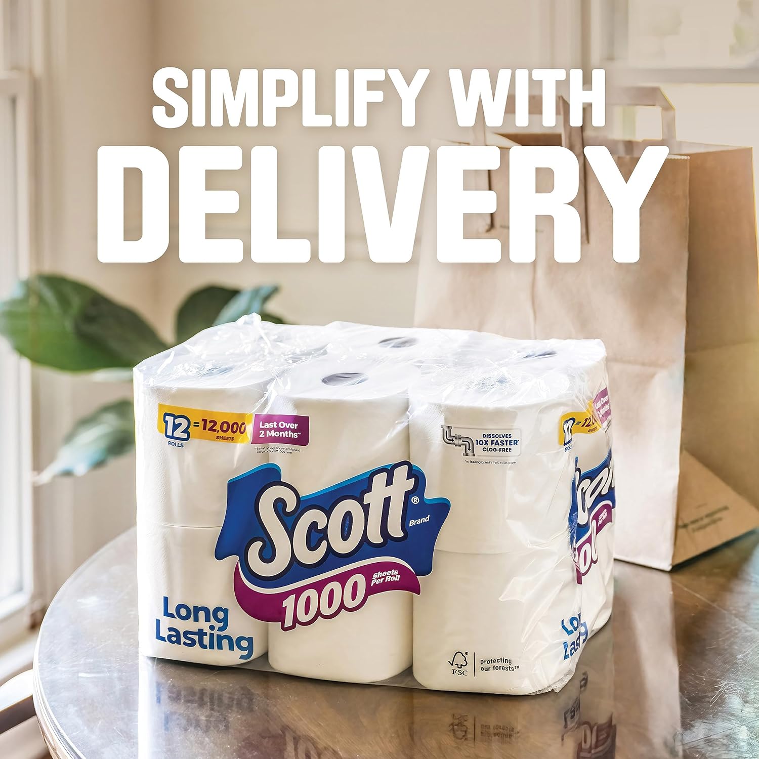 Scott 1000 Toilet Paper, 8 Rolls, Septic-Safe, 1-Ply Toilet Tissue (Pack of 2)