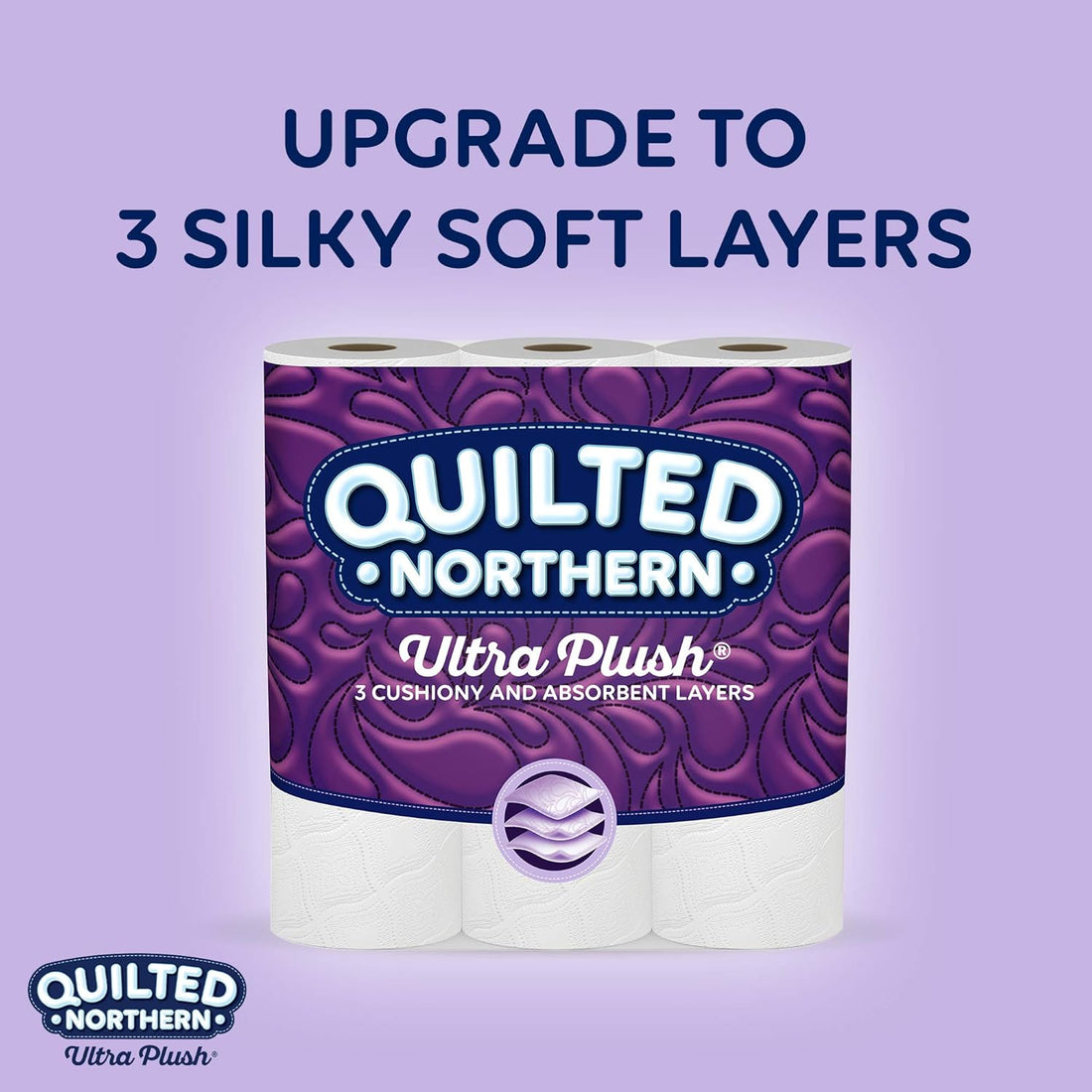 Quilted Northern Ultra Plush toilet paper with text on a purple background