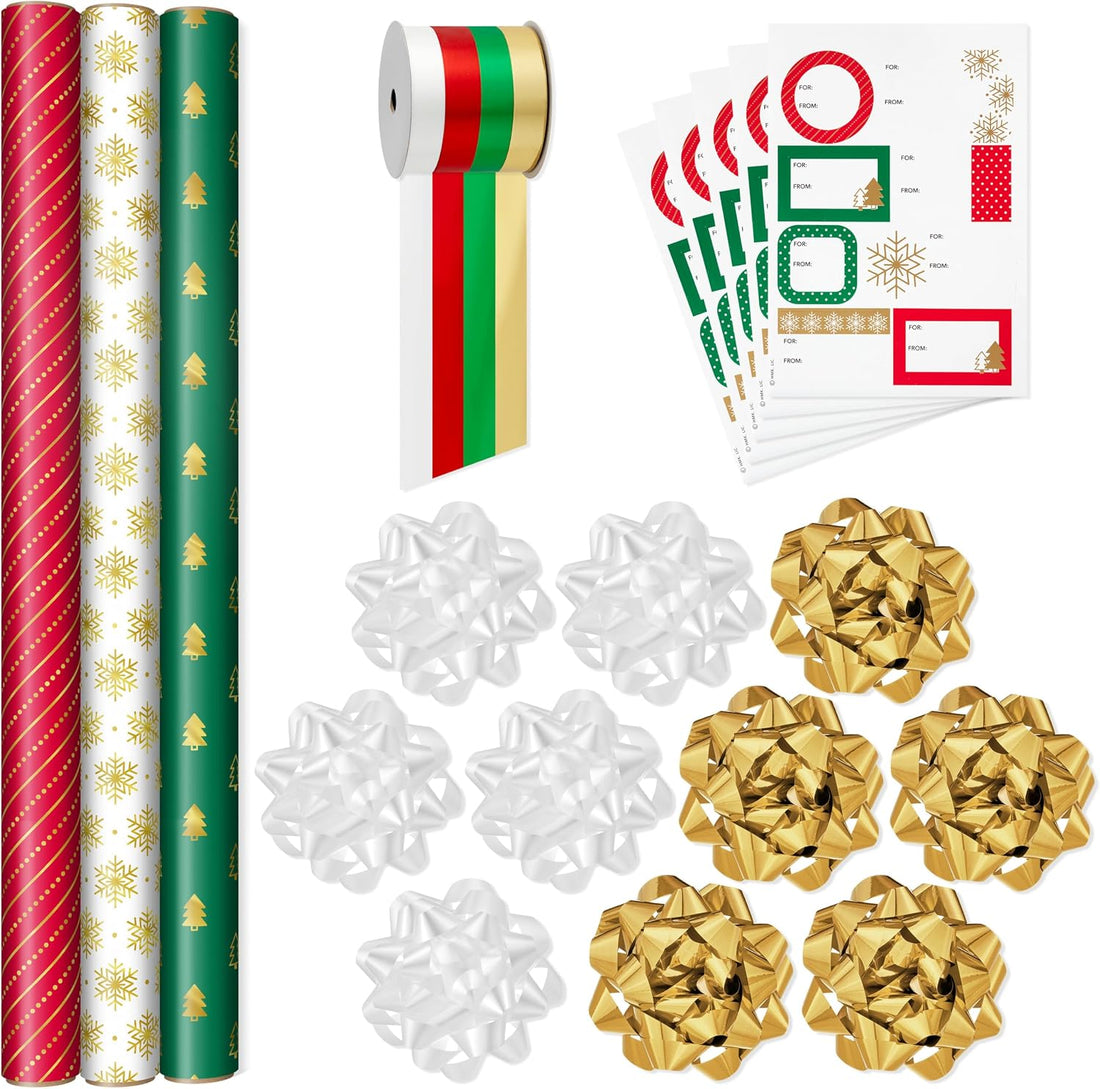 Hallmark Gold Christmas Wrapping Paper Set with Bows, Ribbon & Tags, 3 Rolls (Red, Green, White), 90 Sq Ft