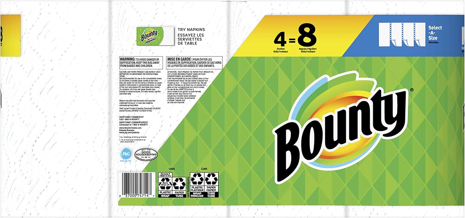 Bounty Select-A-Size Paper Towels, White, 4 Double Rolls = 8 Regular Rolls, 4Count (Pack Of 4)