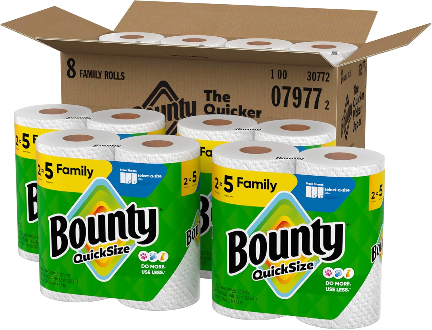 Bounty Quick-Size Paper Towels, White, 8 Family Rolls = 20 Regular Rolls