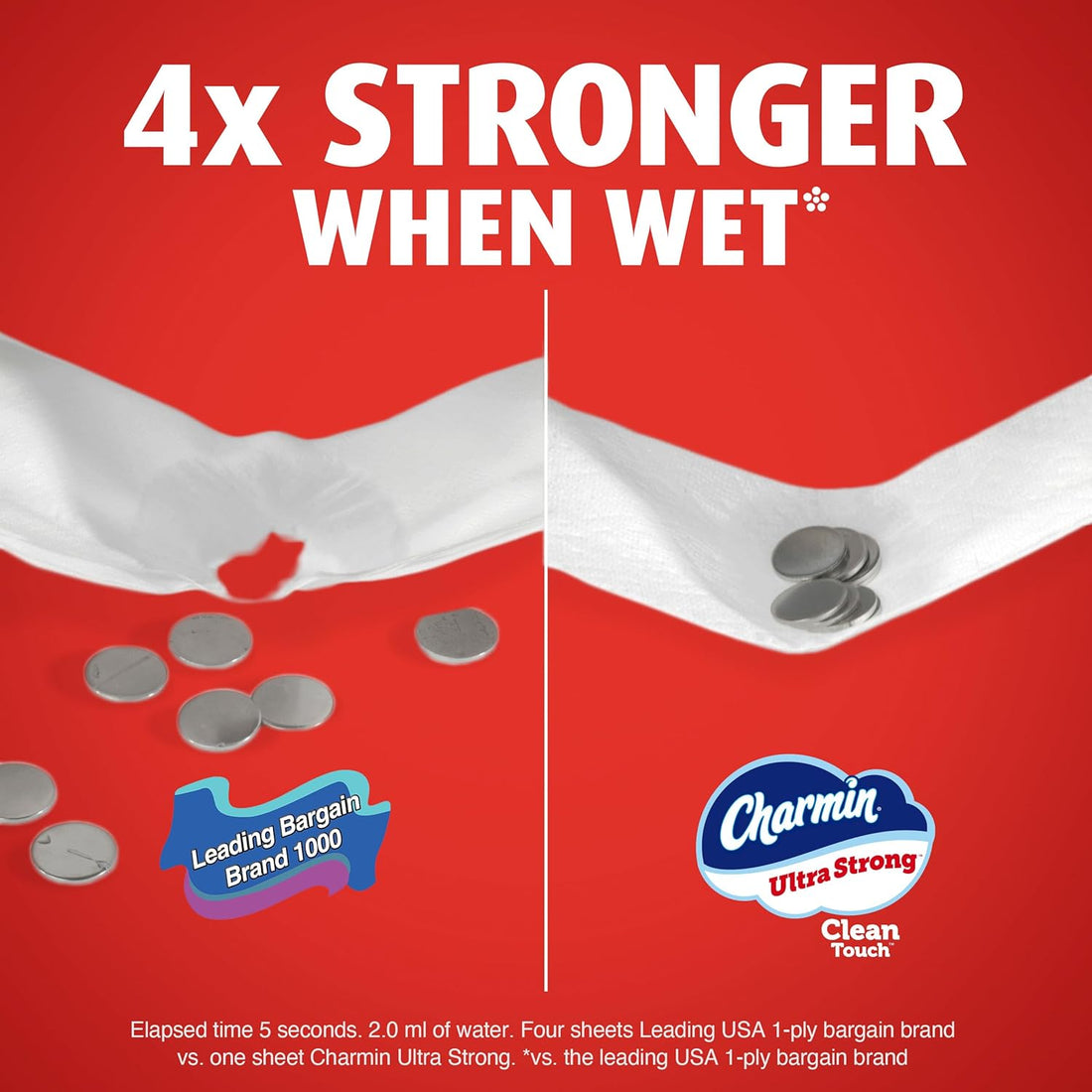 Advertisement comparing Charmin Ultra Strong to a leading bargain brand in terms of strength when wet.