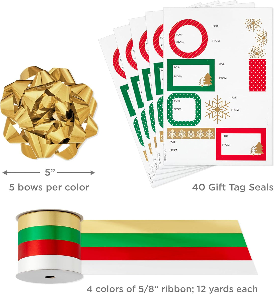 Hallmark Gold Christmas Wrapping Paper Set with Bows, Ribbon & Tags, 3 Rolls (Red, Green, White), 90 Sq Ft – view 4