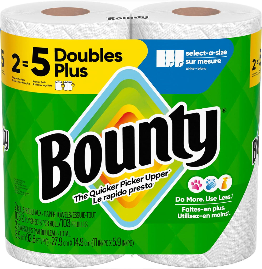 Bounty Paper Towels Select-A-Size, White, 2 Double Plus Rolls = 5 Regular Rolls