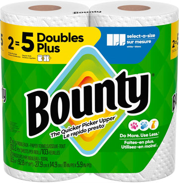 Bounty Paper Towels Select-A-Size, White, 2 Double Plus Rolls = 5 Regular Rolls