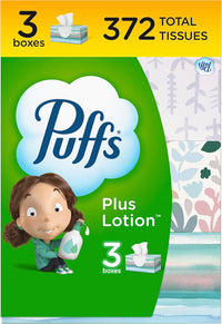 Puffs Plus Lotion Facial Tissue, 3 Family Boxes, 124 Tissues Per Box