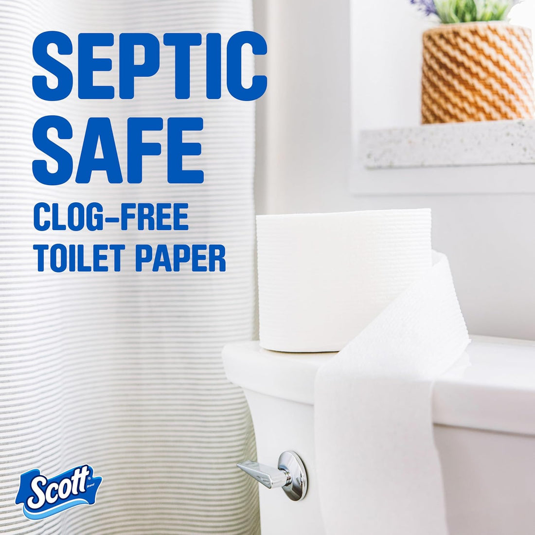 Scott toilet paper roll with text 'Septic Safe, Clog-Free Toilet Paper' in a bathroom setting.