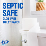 Scott toilet paper roll with text 'Septic Safe, Clog-Free Toilet Paper' in a bathroom setting.