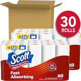 Box of Scott paper towels with 30 rolls displayed, featuring the brand logo and product name.