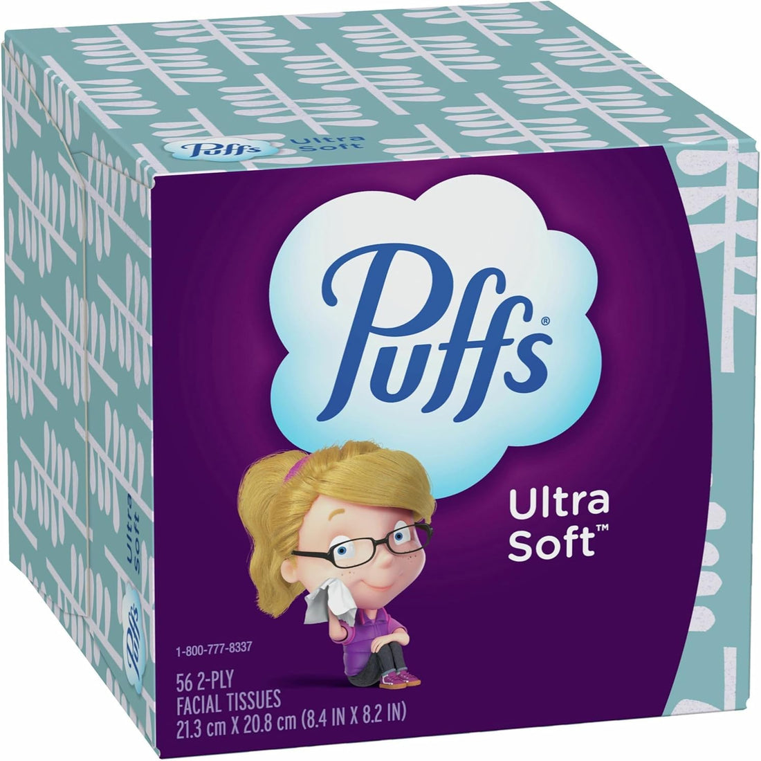 Puffs Ultra Soft facial tissues packaging with a cartoon girl on a purple background