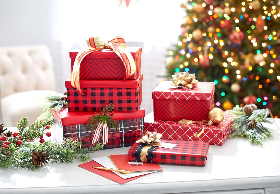 American Greetings Red, Black & White Plaid Christmas Wrapping Paper Set with Bows & Tags, 4 Rolls, 120 Sq Ft – view 2
