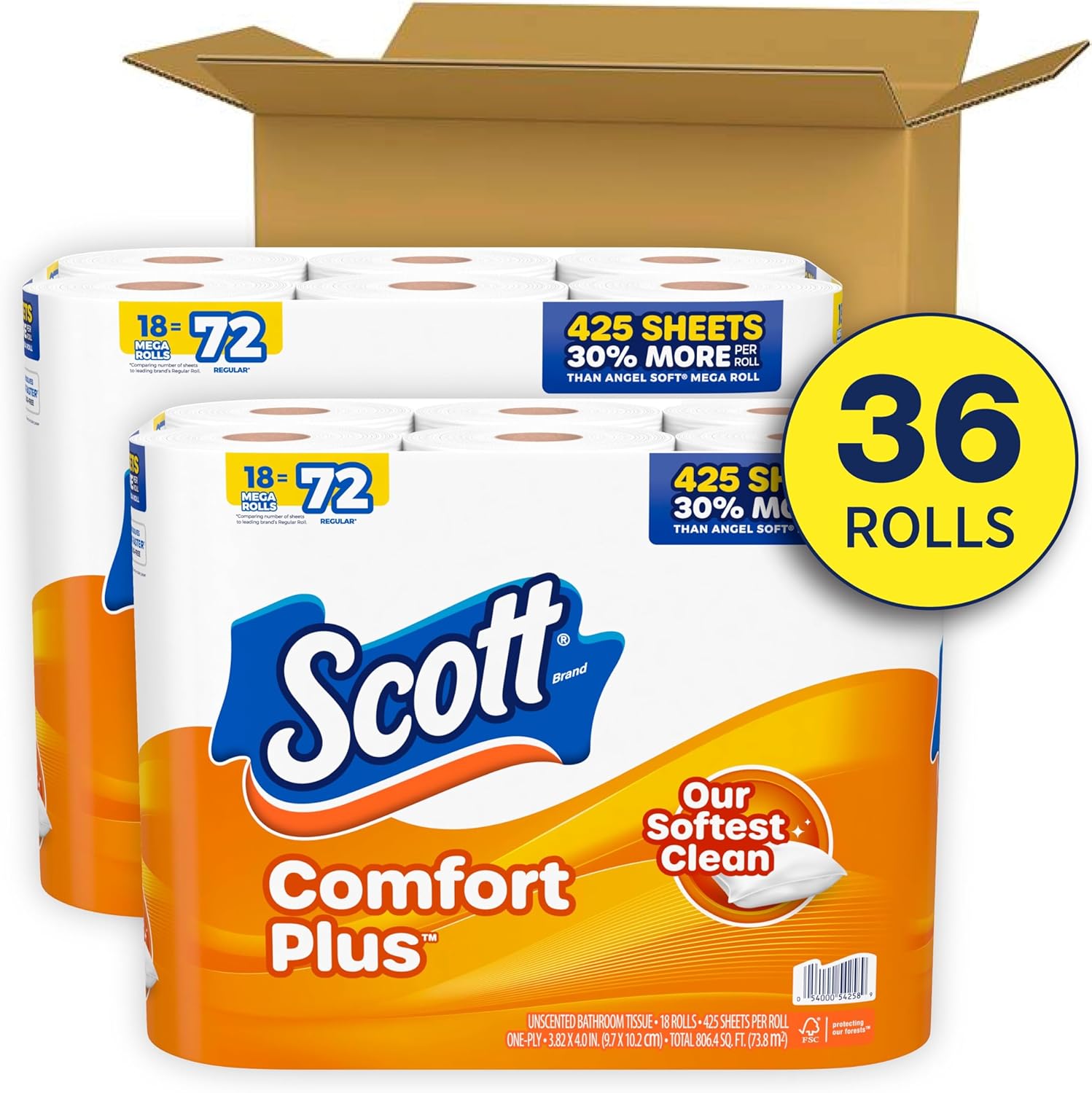 Scott ComfortPlus Toilet Paper, 36 Mega Rolls, 310 Sheets per Roll, Septic-Safe, 1-Ply Toilet Tissue