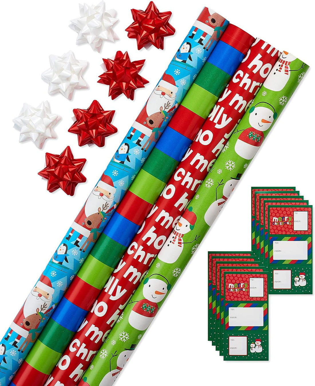 American Greetings Kids' Christmas Wrapping Paper Set with Bows & Tags, 4 Rolls (Santa & Snowmen), 120 Sq Ft