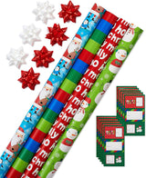 American Greetings Kids' Christmas Wrapping Paper Set with Bows & Tags, 4 Rolls (Santa & Snowmen), 120 Sq Ft